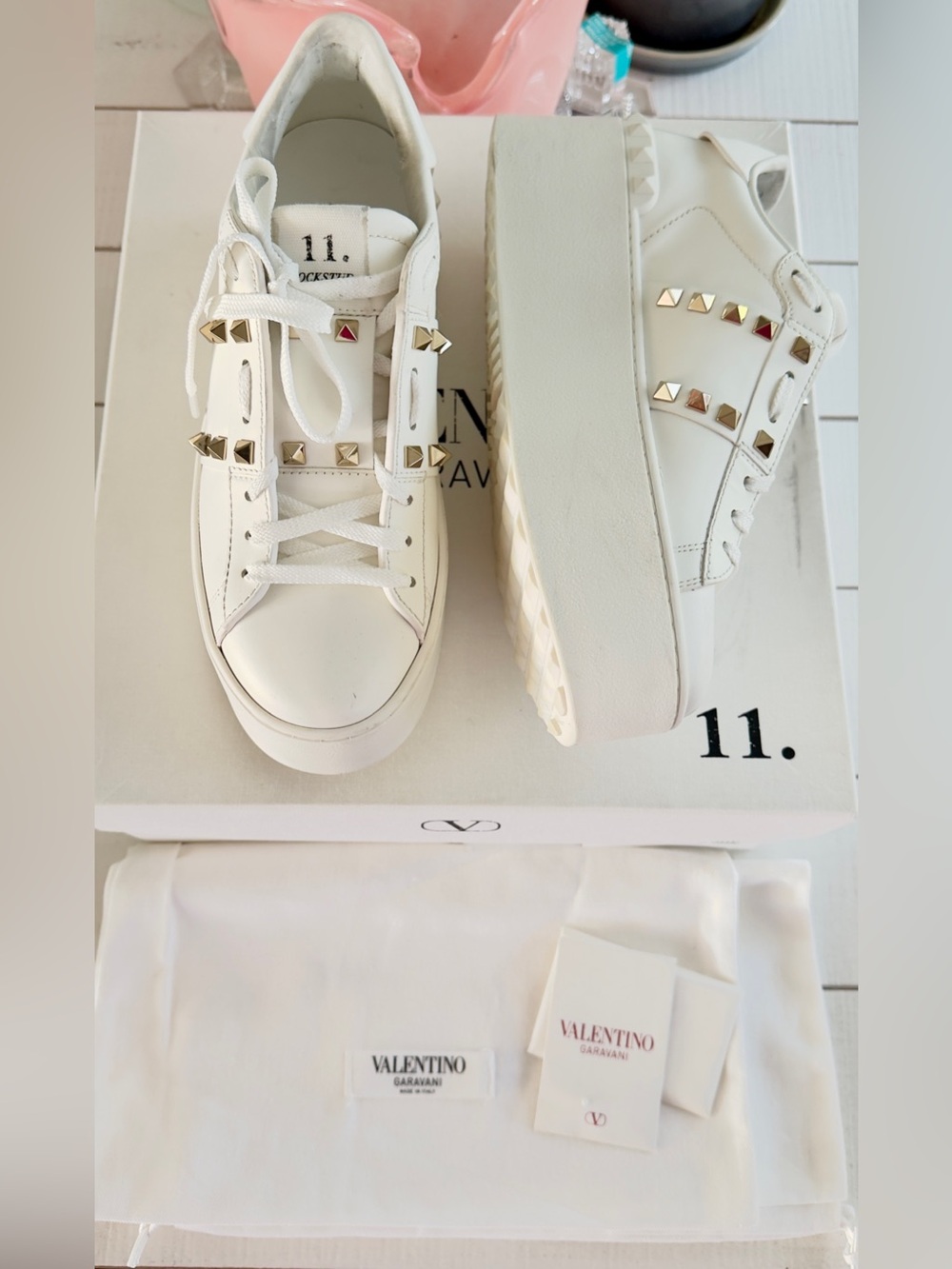 Valentino Garavani White Leather Gold Rockstud Platform Sneakers
